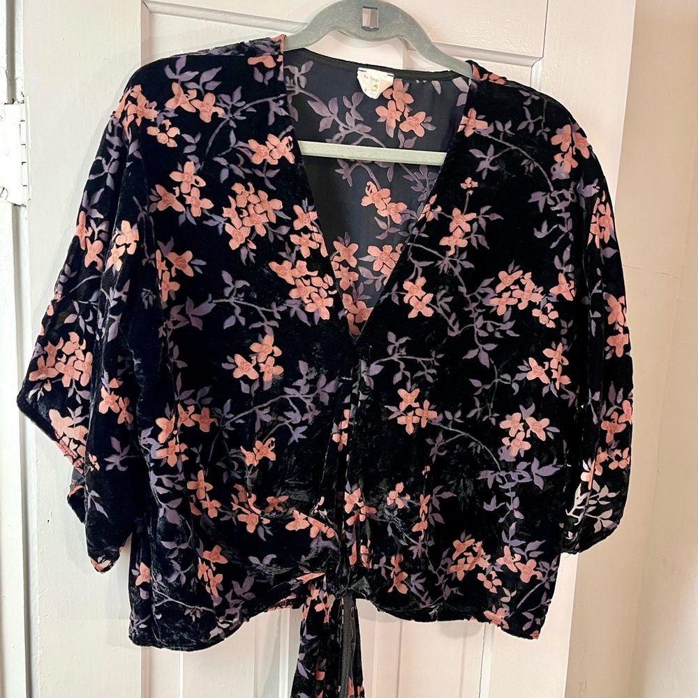 By Together Black Velvet Floral Tie-Front Blouse with Pink Flowers